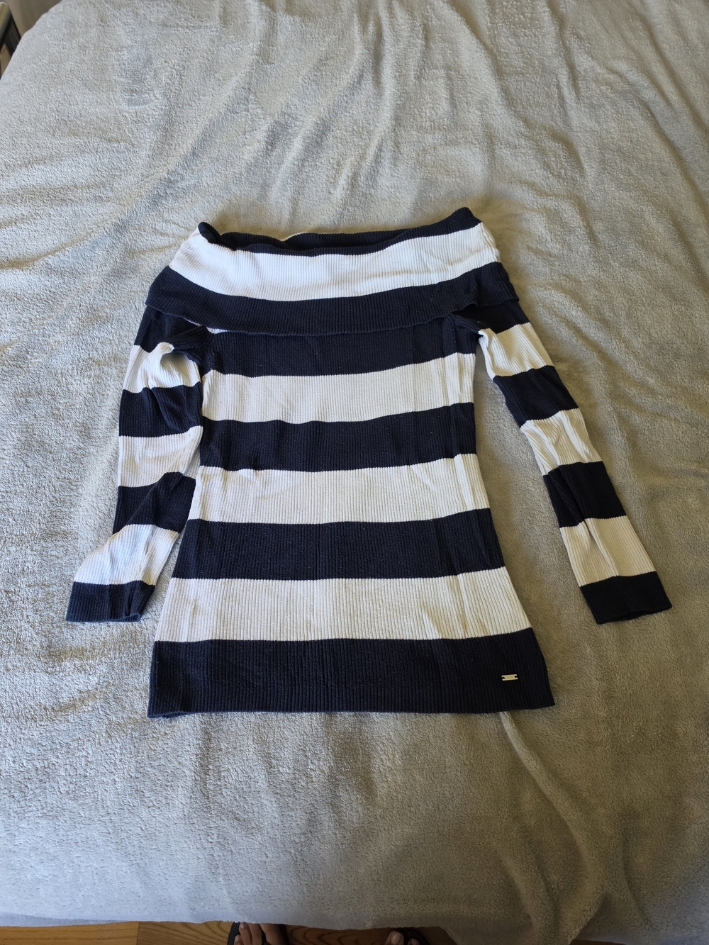 Tommy Hilfiger Navy and White Striped Off-Shoulder Sweater